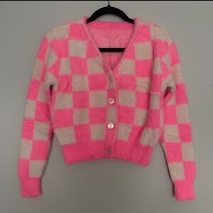 Pink & White Checkered Eyelashes Cropped Sweater Cardigan Womens Size S